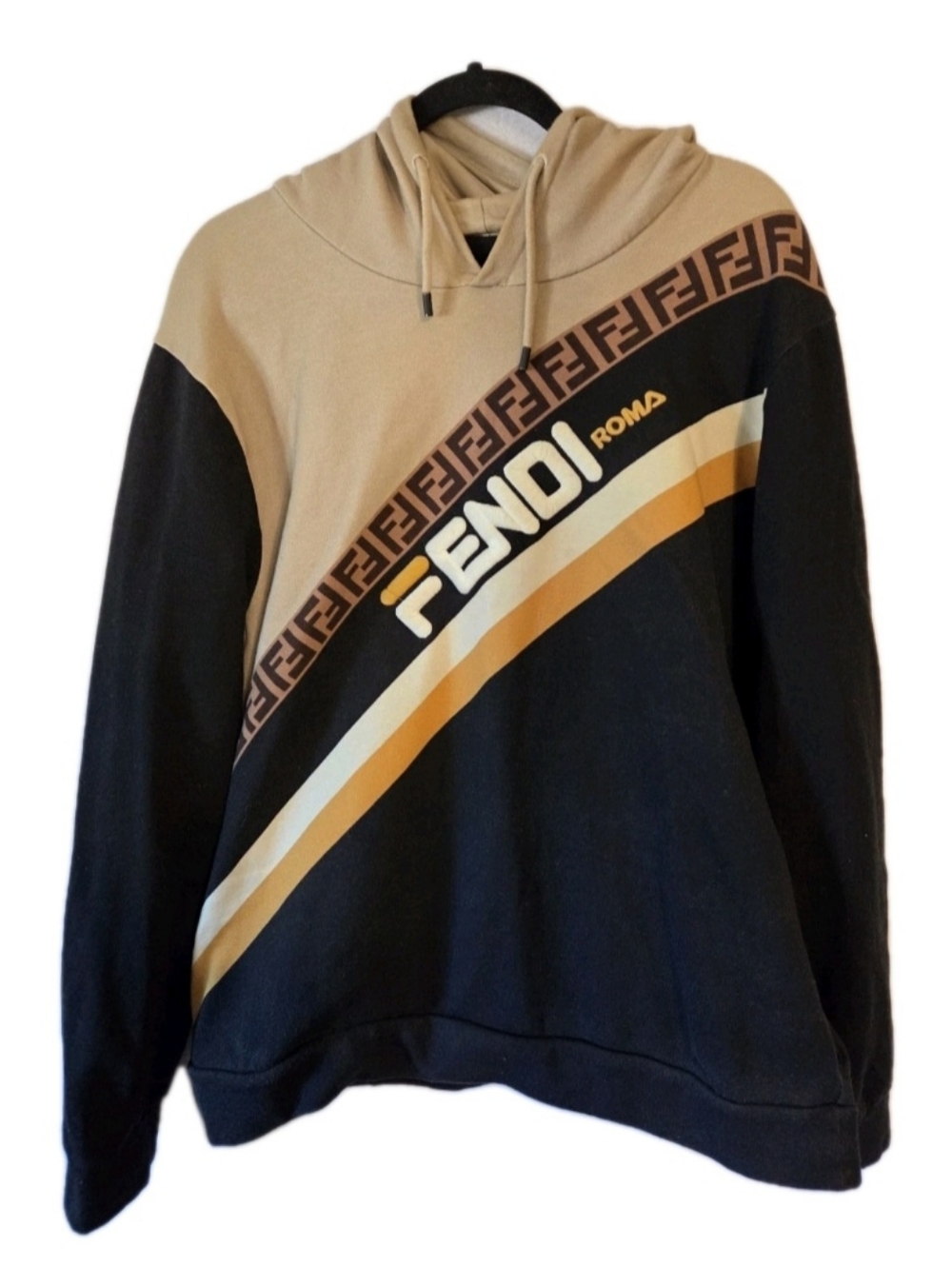 RARE Fendi x Fila Monogram Hidden Pocket Black / Beige Hoodie XXL - Picture 3 of 16